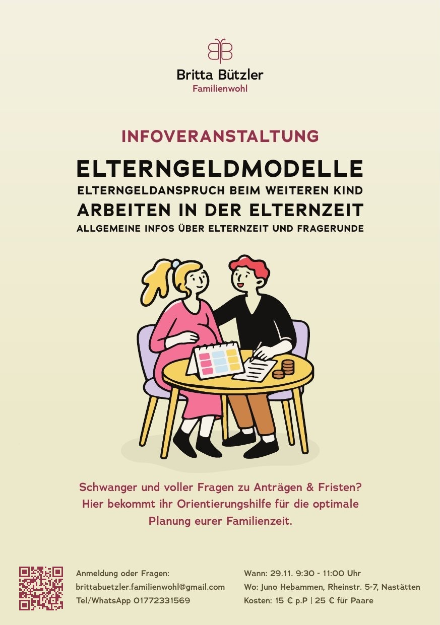 Flyer zur Infoveranstaltung Elterngeld am 29.11.2026, 9:30 bis 11:00 Uhr, Juno Hebammen, Rheinstraße 5–7, Nastätten